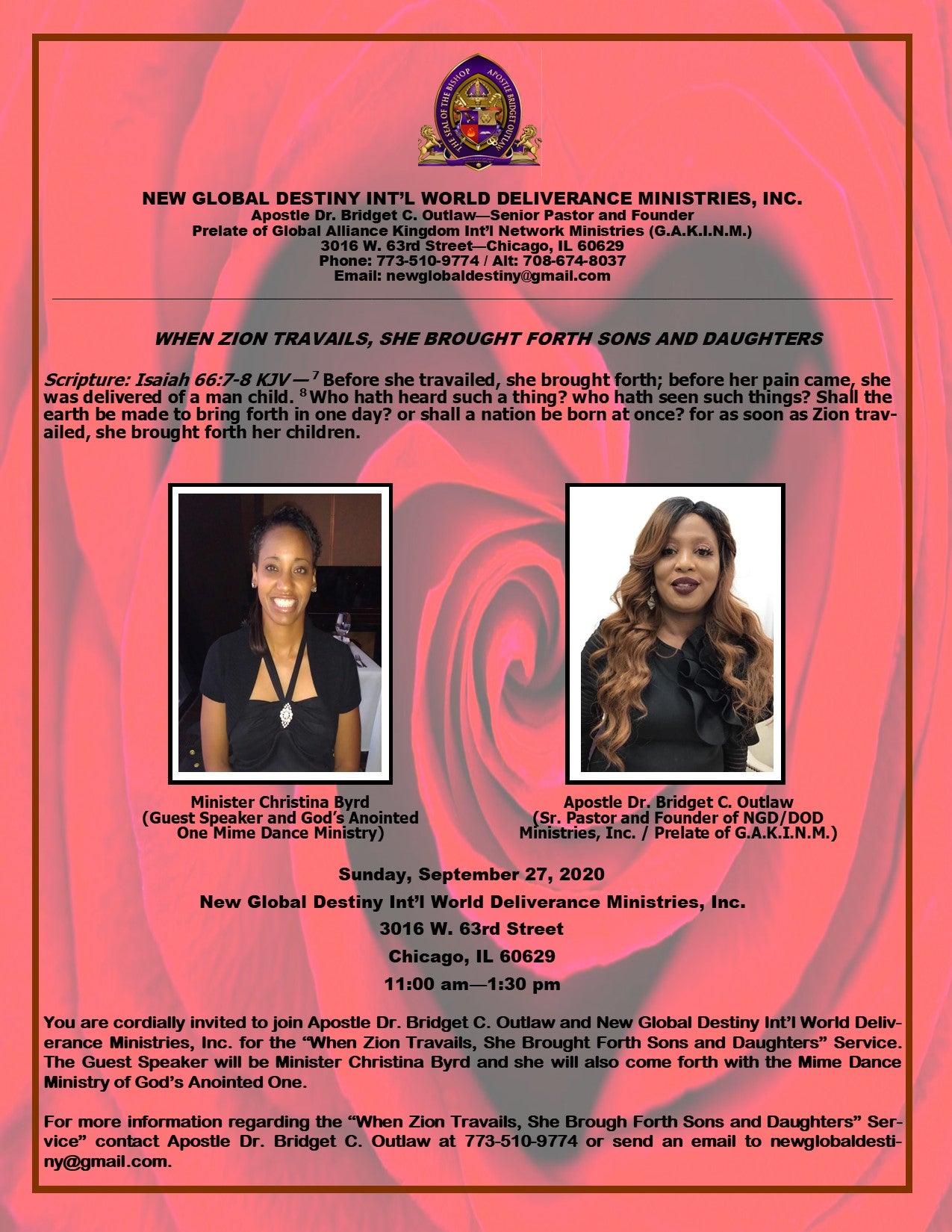 When Zion Travails, She Brought Forth Sons and Daughters Service |  Daughters of Destiny Enterprises, Inc.